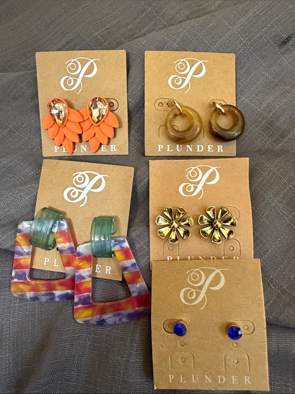 Plunder summer earrings collection. Orange, Gold, Multicolor, Blue